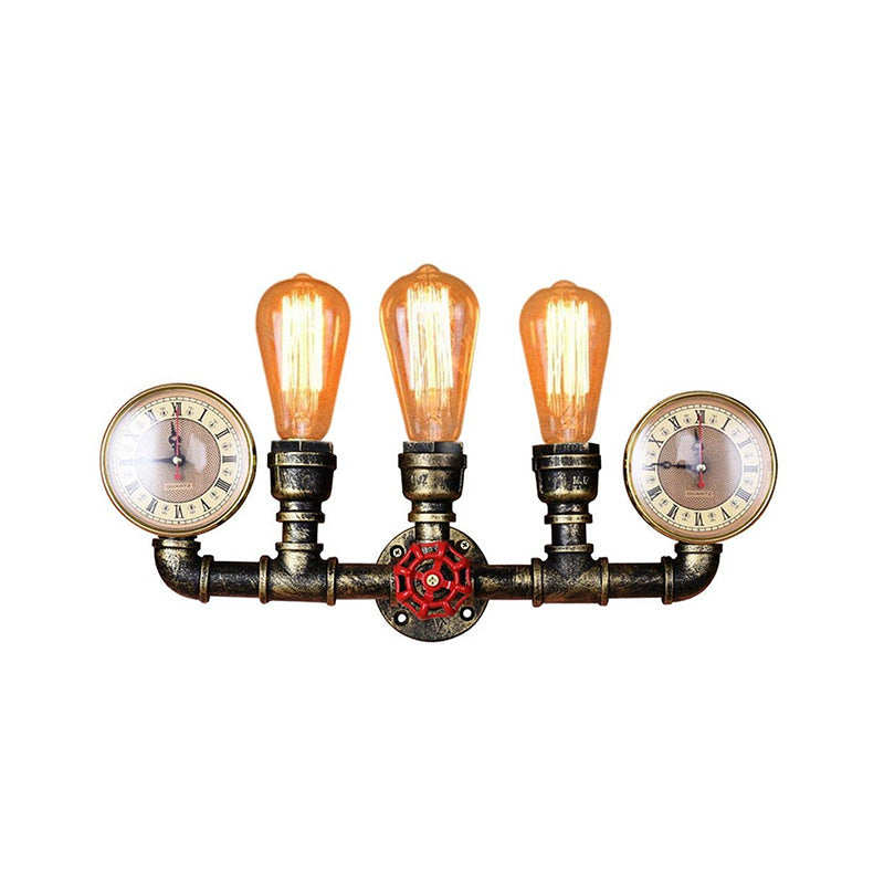 Sikunuo | Antique Brass Pipe Wall Lamp Rustic Stylish 3 Heads Wrought Iron Wall Lamp Fixture with Manometer and Valve Deco