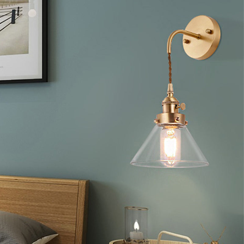 Sikunuo | Clear Conical Glass Shade Wall Lamp Vintage Retro 1 Light Wall Lamp Wall Light in Brass