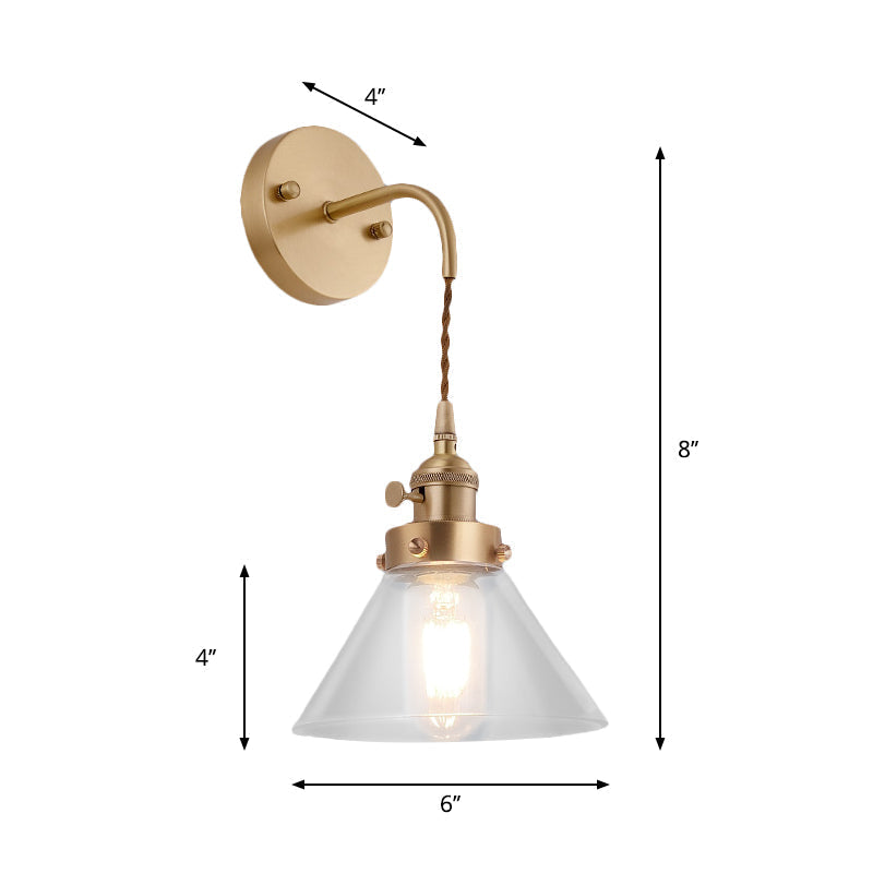 Sikunuo | Clear Conical Glass Shade Wall Lamp Vintage Retro 1 Light Wall Lamp Wall Light in Brass