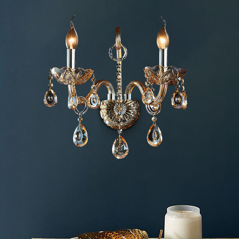Sikunuo | Amber Glass Candle Holder Light Modernism 1/2 Heads Bedroom Wall Light Lamp with Crystal Drop Accent
