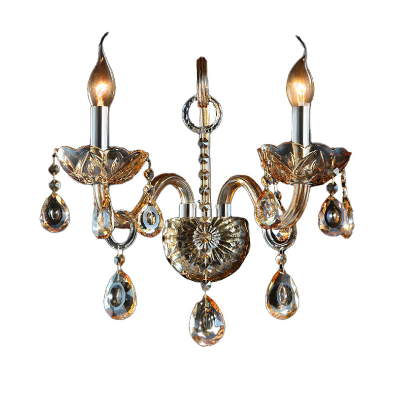 Sikunuo | Amber Glass Candle Holder Light Modernism 1/2 Heads Bedroom Wall Light Lamp with Crystal Drop Accent