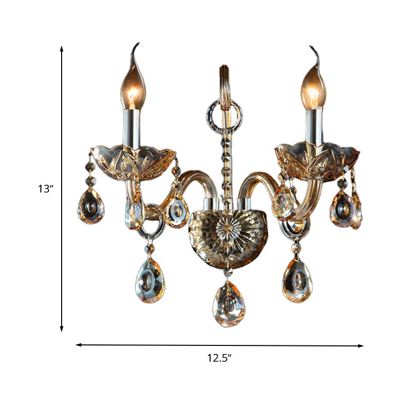 Sikunuo | Amber Glass Candle Holder Light Modernism 1/2 Heads Bedroom Wall Light Lamp with Crystal Drop Accent