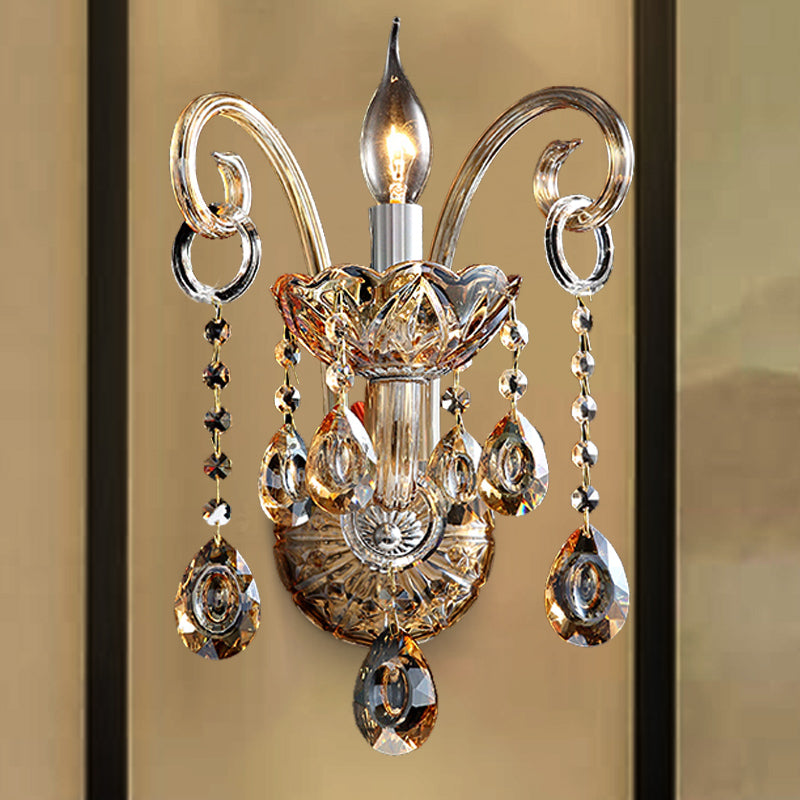 Sikunuo | Amber Glass Candle Holder Light Modernism 1/2 Heads Bedroom Wall Light Lamp with Crystal Drop Accent