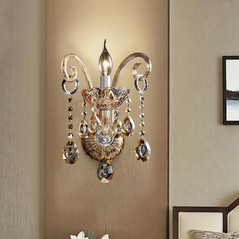 Sikunuo | Amber Glass Candle Holder Light Modernism 1/2 Heads Bedroom Wall Light Lamp with Crystal Drop Accent