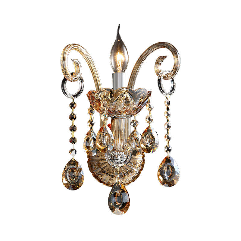Sikunuo | Amber Glass Candle Holder Light Modernism 1/2 Heads Bedroom Wall Light Lamp with Crystal Drop Accent