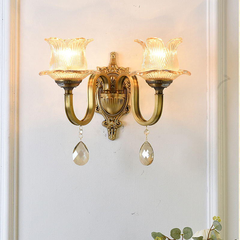 Sikunuo | Flower decor wall light fixture modernism prism glass 1/2 heads brass wall lamp