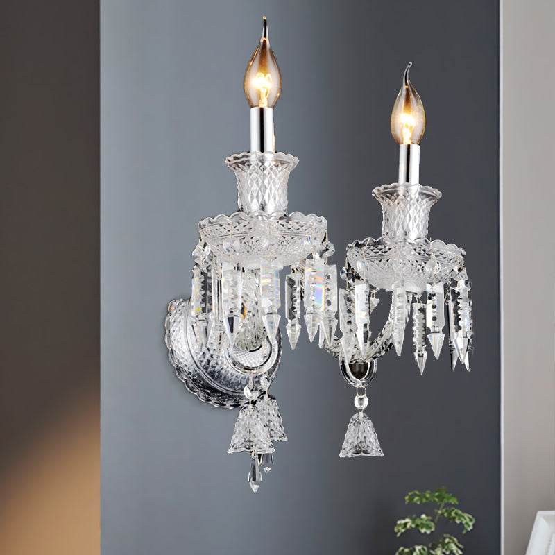 Sikunuo | Candle holder Clear Glass Wall Lamp Fixture Modern 1/2 Cups Chrome Wall Lamp with Diamond Shaped Crystal Decoration
