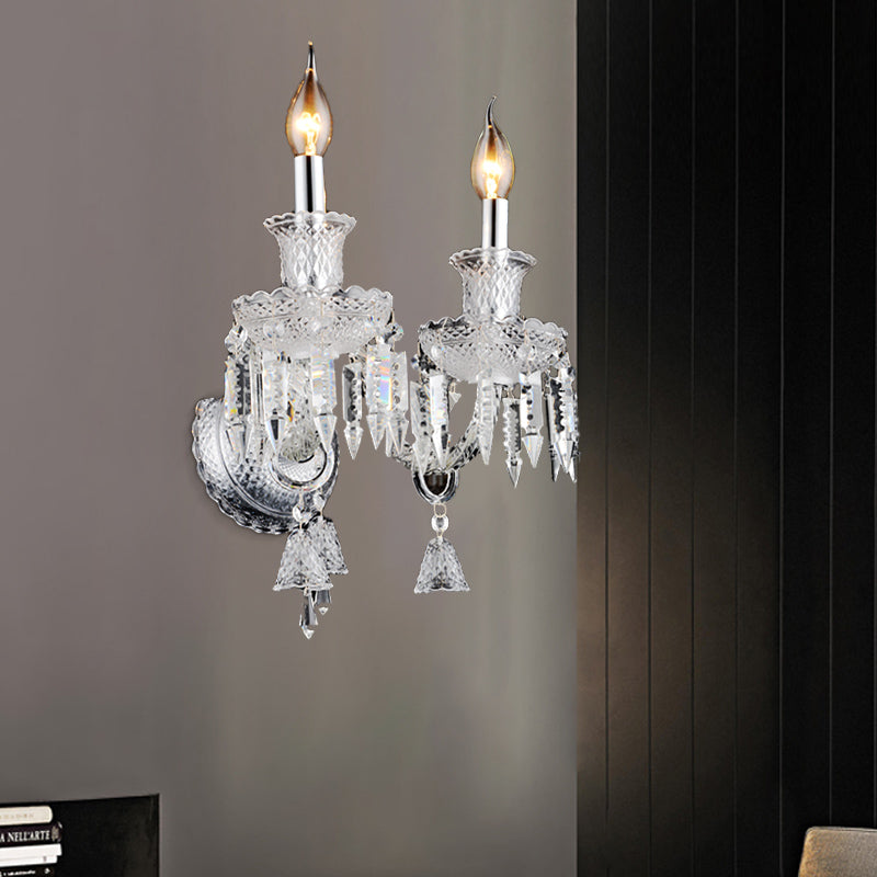 Sikunuo | Candle holder Clear Glass Wall Lamp Fixture Modern 1/2 Cups Chrome Wall Lamp with Diamond Shaped Crystal Decoration