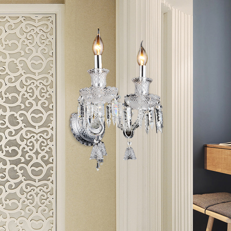 Sikunuo | Candle holder Clear Glass Wall Lamp Fixture Modern 1/2 Cups Chrome Wall Lamp with Diamond Shaped Crystal Decoration