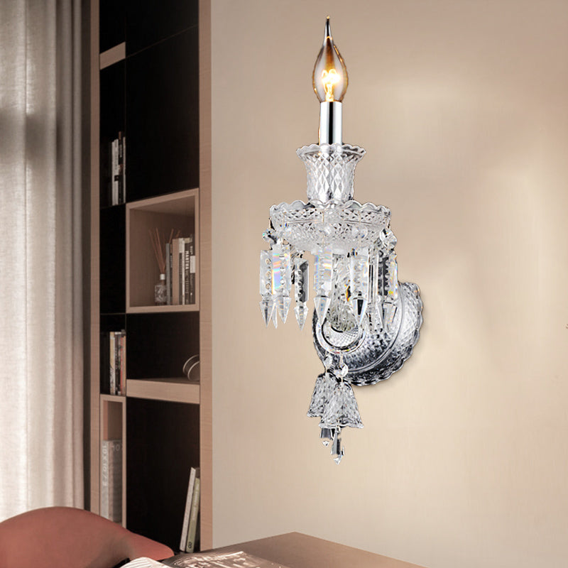 Sikunuo | Candle holder Clear Glass Wall Lamp Fixture Modern 1/2 Cups Chrome Wall Lamp with Diamond Shaped Crystal Decoration