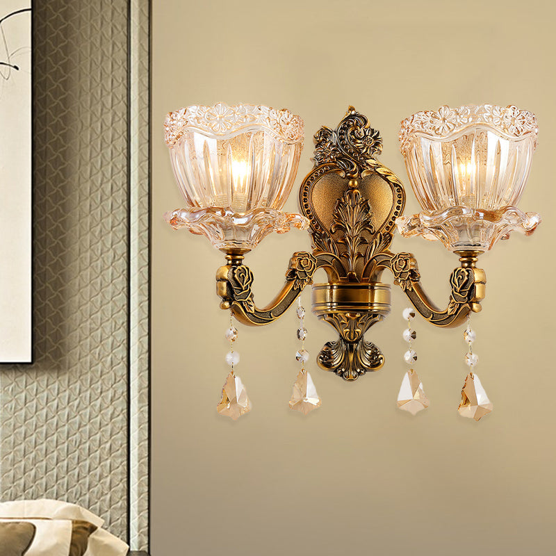 Sikunuo | Amber Glass Flower Wall Light Modern 1/2 Heads Brass Wall Lamp with K9 Crystal Drops
