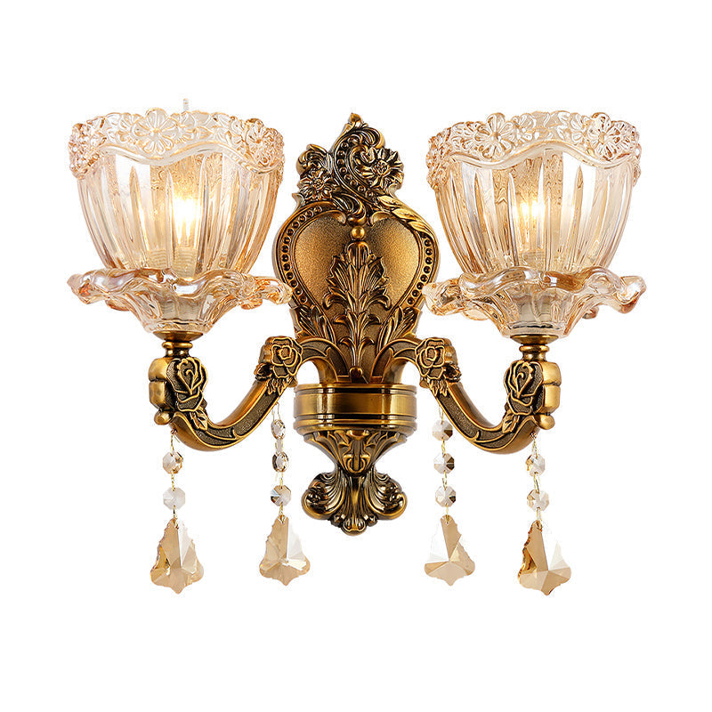 Sikunuo | Amber Glass Flower Wall Light Modern 1/2 Heads Brass Wall Lamp with K9 Crystal Drops