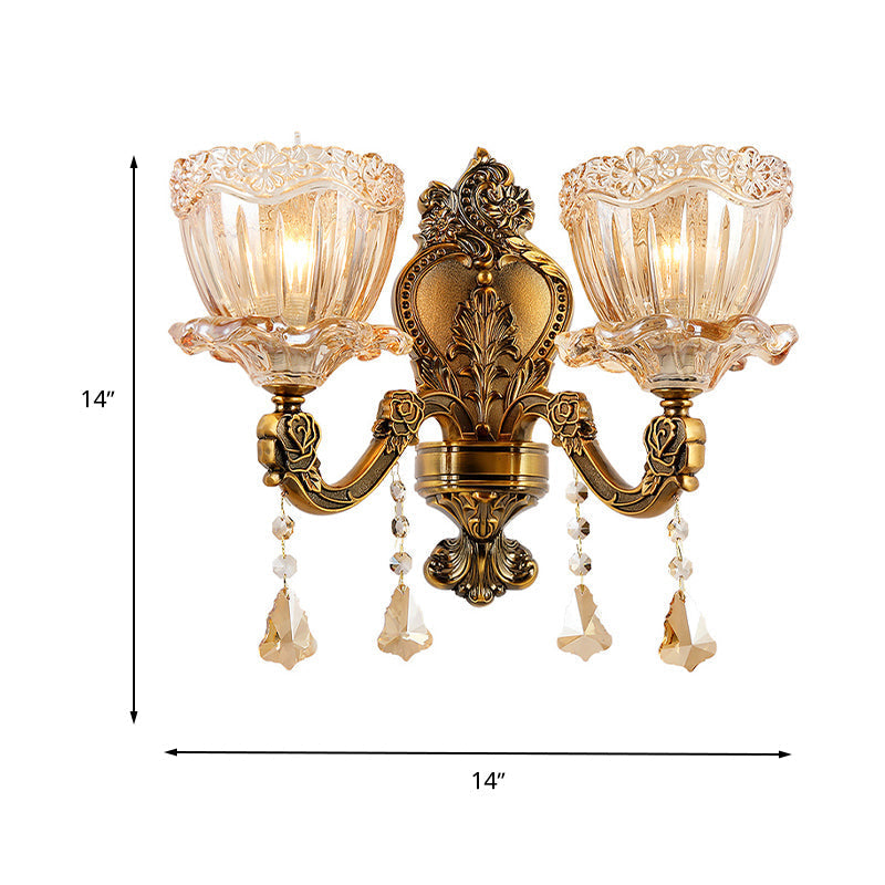 Sikunuo | Amber Glass Flower Wall Light Modern 1/2 Heads Brass Wall Lamp with K9 Crystal Drops