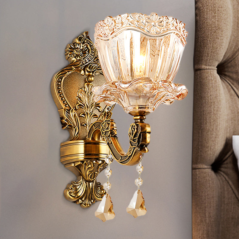 Sikunuo | Amber Glass Flower Wall Light Modern 1/2 Heads Brass Wall Lamp with K9 Crystal Drops