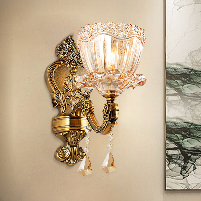 Sikunuo | Amber Glass Flower Wall Light Modern 1/2 Heads Brass Wall Lamp with K9 Crystal Drops
