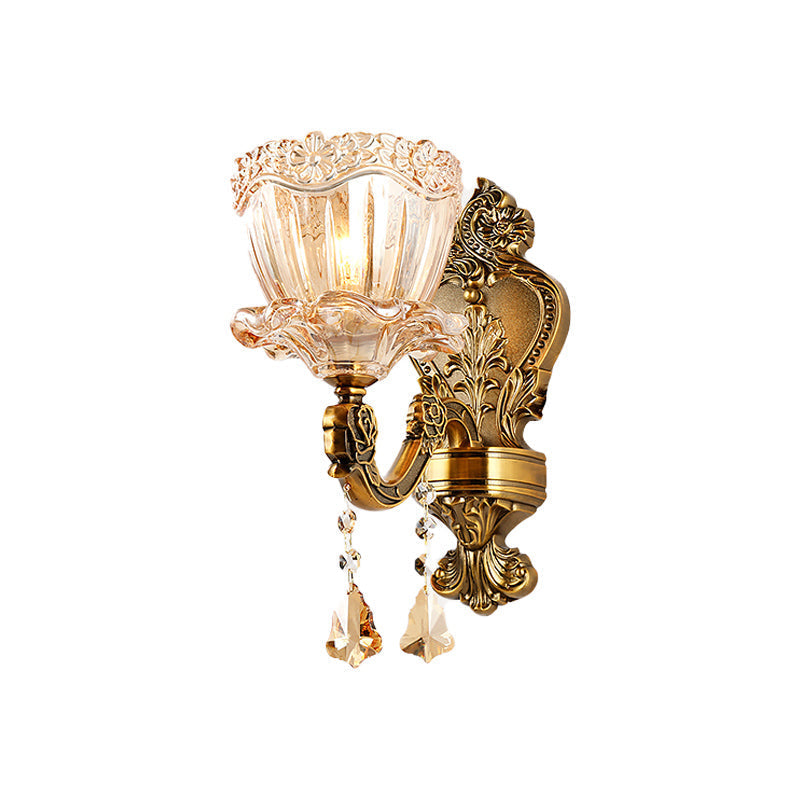 Sikunuo | Amber Glass Flower Wall Light Modern 1/2 Heads Brass Wall Lamp with K9 Crystal Drops