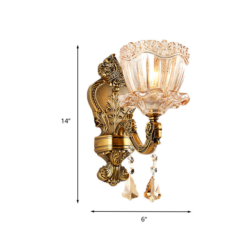 Sikunuo | Amber Glass Flower Wall Light Modern 1/2 Heads Brass Wall Lamp with K9 Crystal Drops