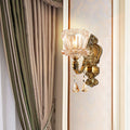 Sikunuo | Amber Glass Flower Wall Light Modern 1/2 Heads Brass Wall Lamp with K9 Crystal Drops