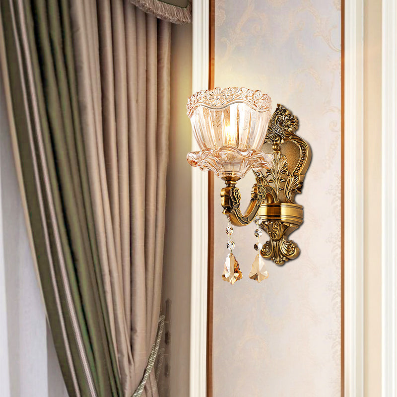 Sikunuo | Amber Glass Flower Wall Light Modern 1/2 Heads Brass Wall Lamp with K9 Crystal Drops
