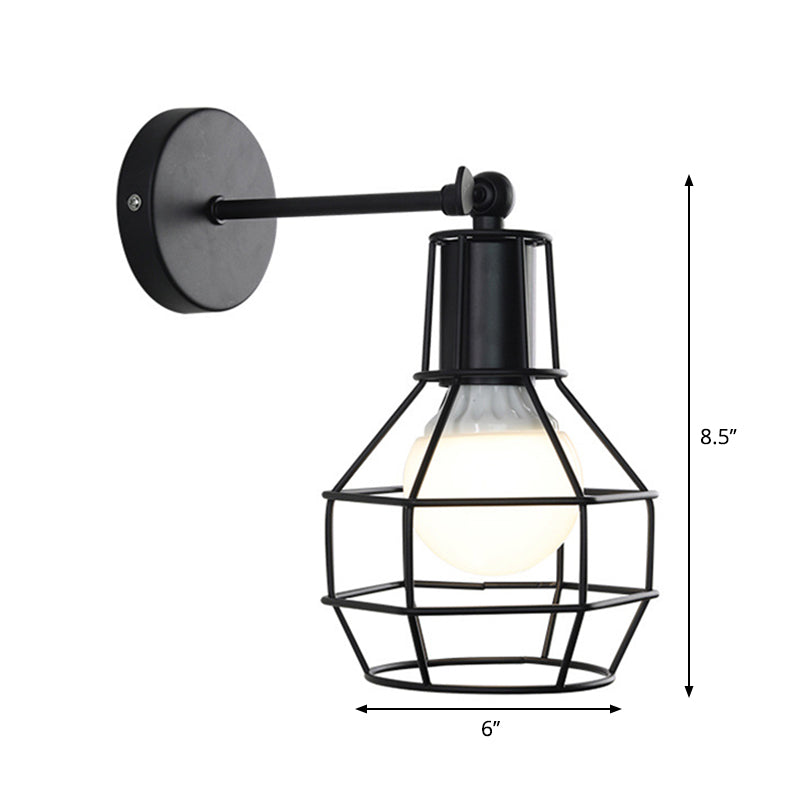 Sikunuo | Globe Bedroom Wall Light Lamp Metal 1 Head Industrial Style Rotatable Wall Lamp with Wire Guard in Black