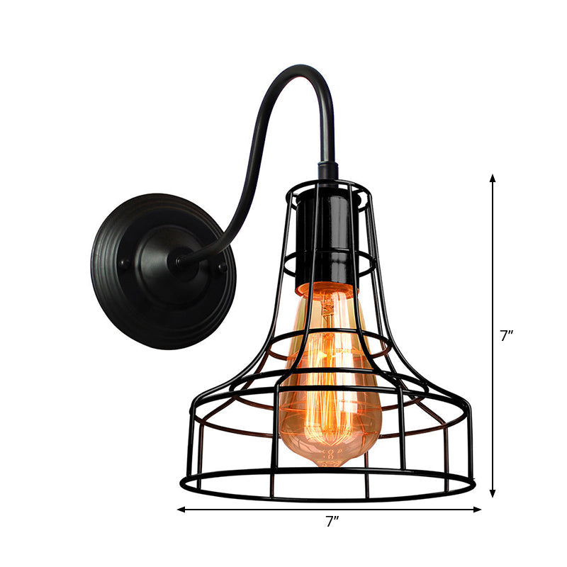 Sikunuo | Metal Shed Wall Lamp Industrial Style 1 Lamp Black Wall Mounted Lamp with Wire Frame and Gooseneck Arm