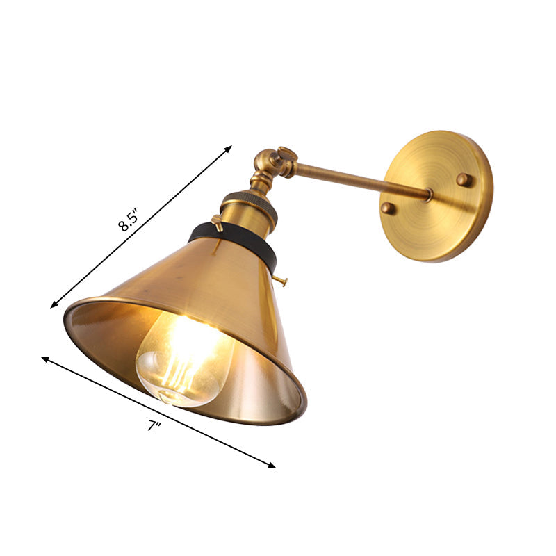 Sikunuo | Rotatable Barn/Cone Shade Wall Lamp Industrial Style Metal 1 Head Wall Lighting Fixture in Brass for Kitchen