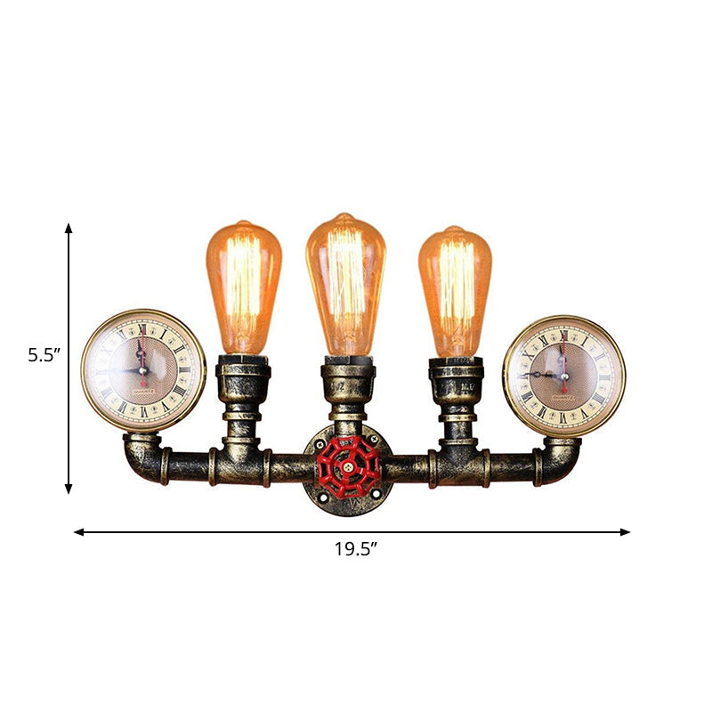Sikunuo | Antique Brass Pipe Wall Lamp Rustic Stylish 3 Heads Wrought Iron Wall Lamp Fixture with Manometer and Valve Deco