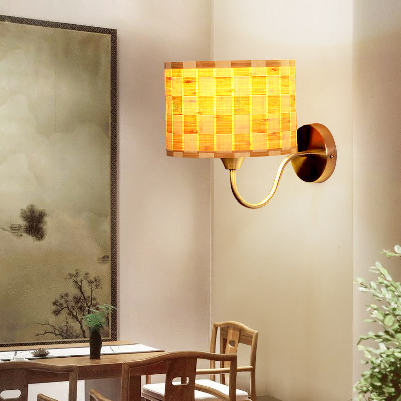 Sikunuo | Drum Wall Lighting Traditional Bamboo 1 Lamp Wooden Sconce Lighting Fixture for Dining Room