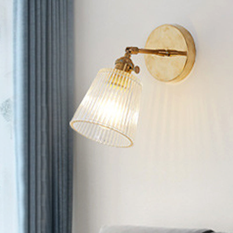 Sikunuo | 1 Light Clear Ribbed Glass Wall Lamp Light Industrial Brass Cone Living Room Lighting Fixture