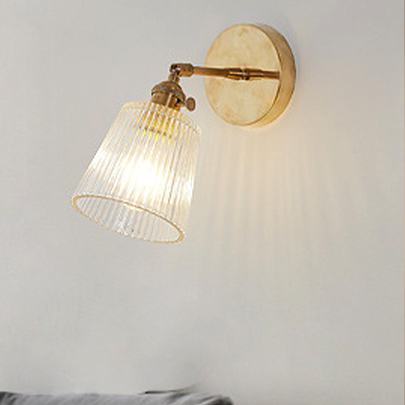Sikunuo | 1 Light Clear Ribbed Glass Wall Lamp Light Industrial Brass Cone Living Room Lighting Fixture