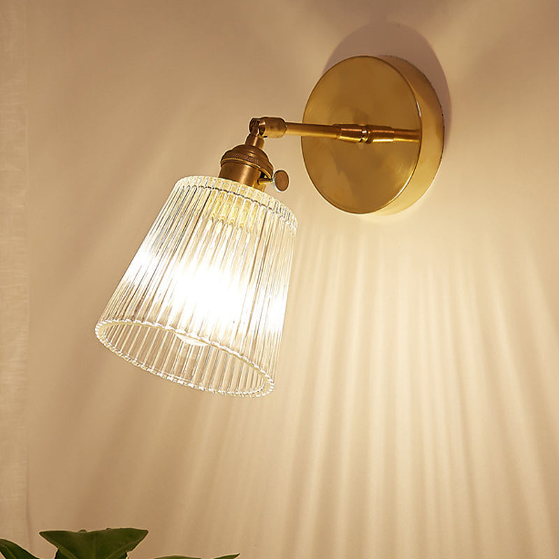 Sikunuo | 1 Light Clear Ribbed Glass Wall Lamp Light Industrial Brass Cone Living Room Lighting Fixture