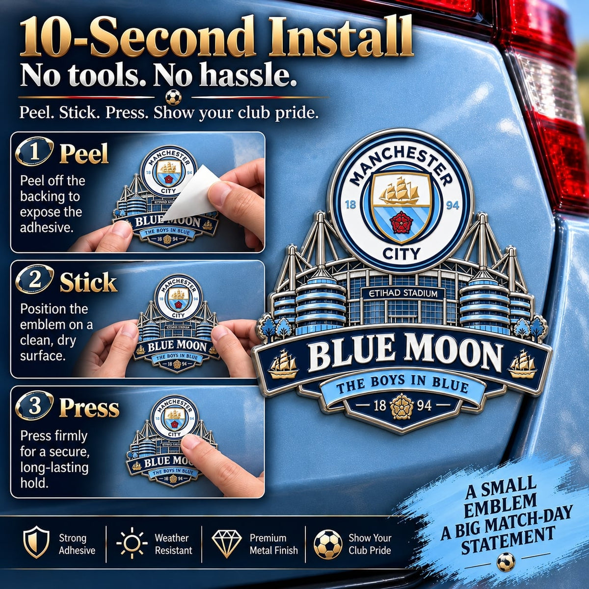“Blue Moon – The Boys in Blue” Metal Car Emblem