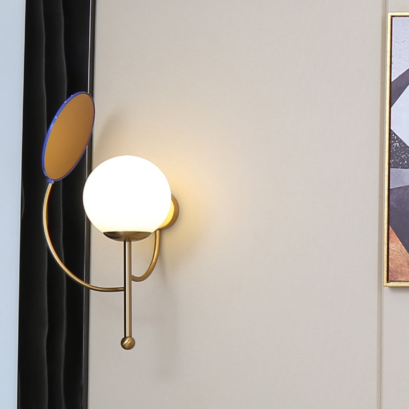Sikunuo | Gold/Black Global Wall Light Retro 1 Light Matt White Glass Wall Light with Reflector