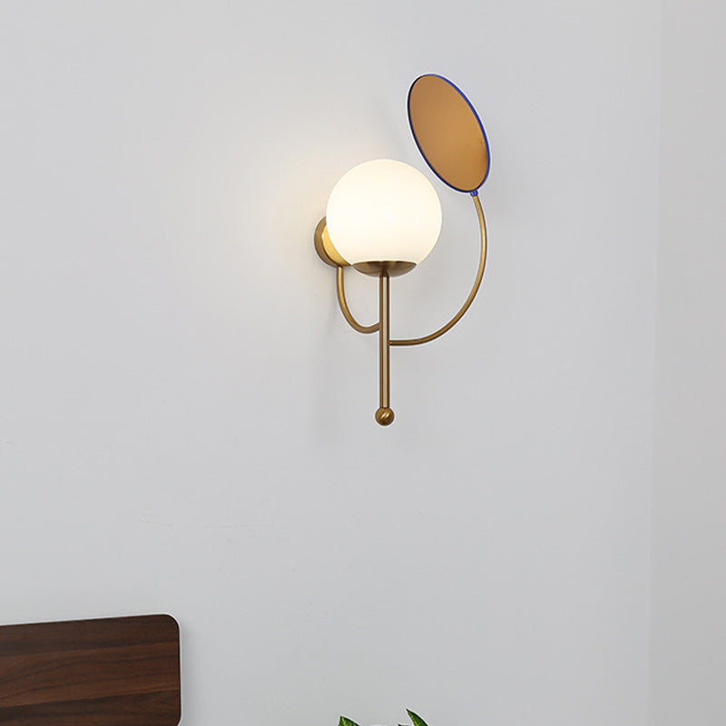 Sikunuo | Gold/Black Global Wall Light Retro 1 Light Matt White Glass Wall Light with Reflector