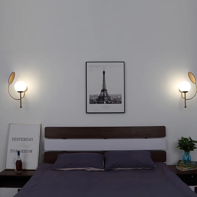Sikunuo | Gold/Black Global Wall Light Retro 1 Light Matt White Glass Wall Light with Reflector