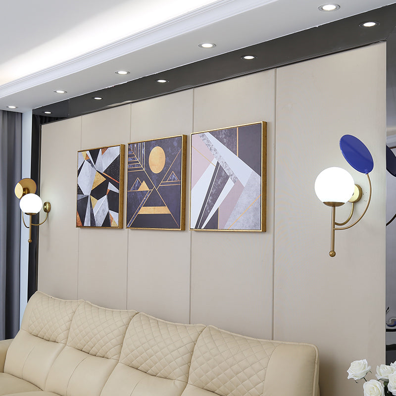 Sikunuo | Gold/Black Global Wall Light Retro 1 Light Matt White Glass Wall Light with Reflector