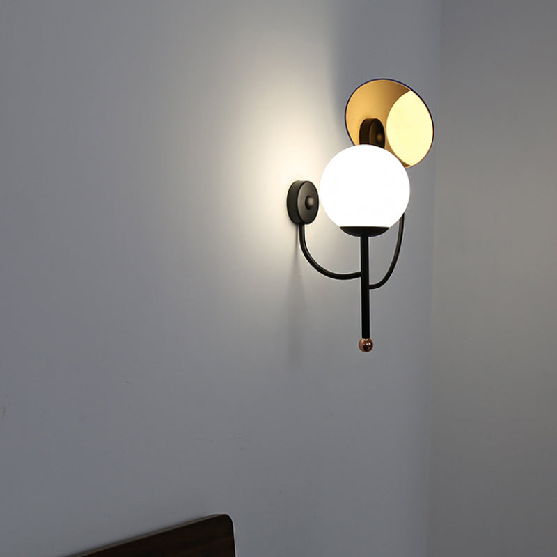 Sikunuo | Gold/Black Global Wall Light Retro 1 Light Matt White Glass Wall Light with Reflector