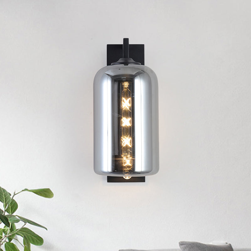 Sikunuo | Mason Jar Shaped Wall Lamp Retro Style Enclosed Glass 1 Bulb Wall Light with Arm in Black