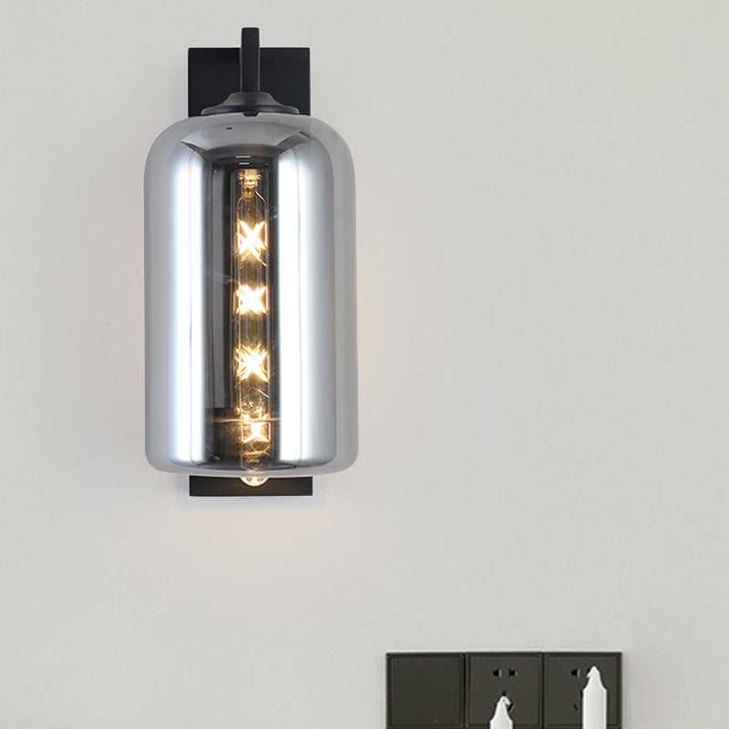 Sikunuo | Mason Jar Shaped Wall Lamp Retro Style Enclosed Glass 1 Bulb Wall Light with Arm in Black