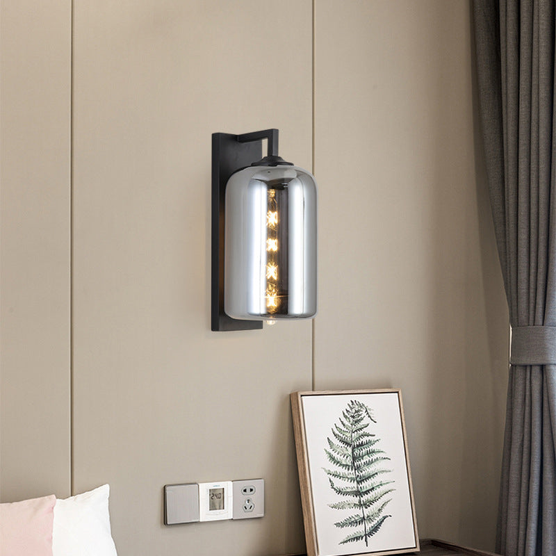 Sikunuo | Mason Jar Shaped Wall Lamp Retro Style Enclosed Glass 1 Bulb Wall Light with Arm in Black