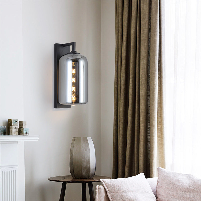 Sikunuo | Mason Jar Shaped Wall Lamp Retro Style Enclosed Glass 1 Bulb Wall Light with Arm in Black