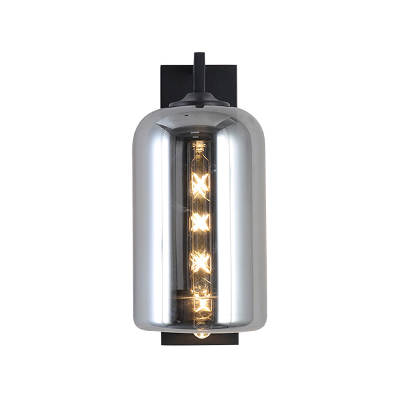 Sikunuo | Mason Jar Shaped Wall Lamp Retro Style Enclosed Glass 1 Bulb Wall Light with Arm in Black