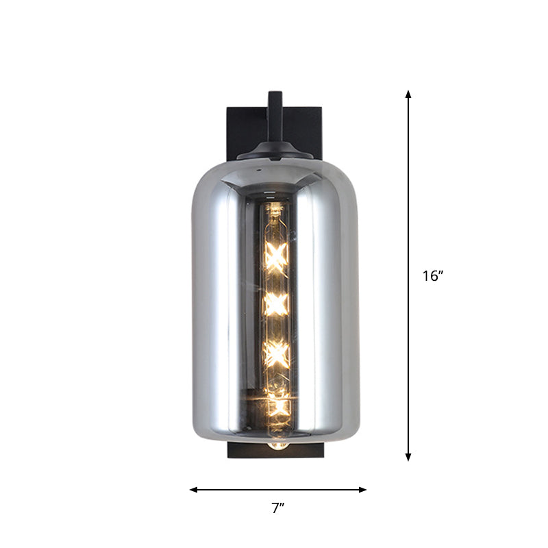 Sikunuo | Mason Jar Shaped Wall Lamp Retro Style Enclosed Glass 1 Bulb Wall Light with Arm in Black