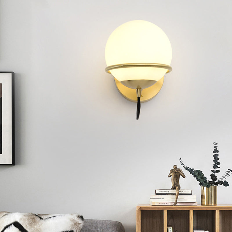 Sikunuo | Single Wall Mounted Spherical Wall Light Contemporary Matte White Glass Brass Wall Light Fixture