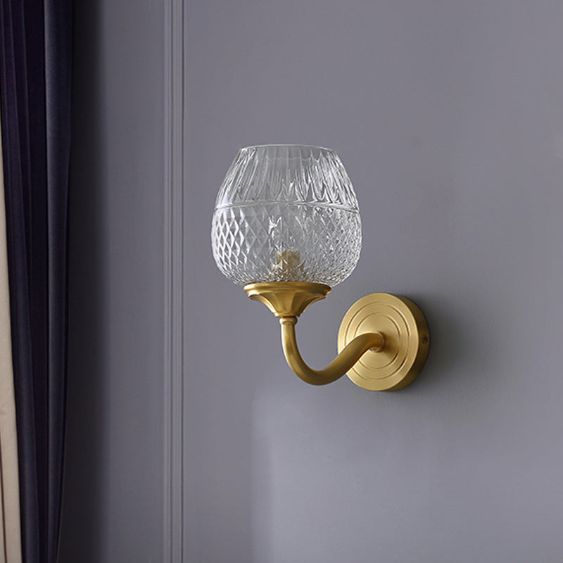 Sikunuo | Grid Brandy Glass Wall Lamp Contemporary Single Brass Wall Mounted Light with Curved Arm