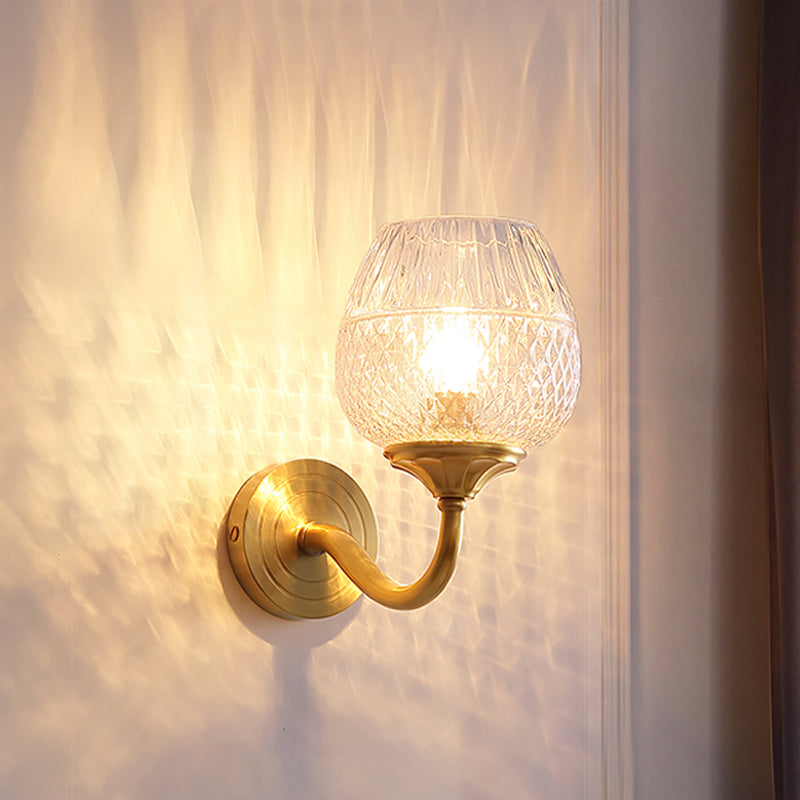 Sikunuo | Grid Brandy Glass Wall Lamp Contemporary Single Brass Wall Mounted Light with Curved Arm