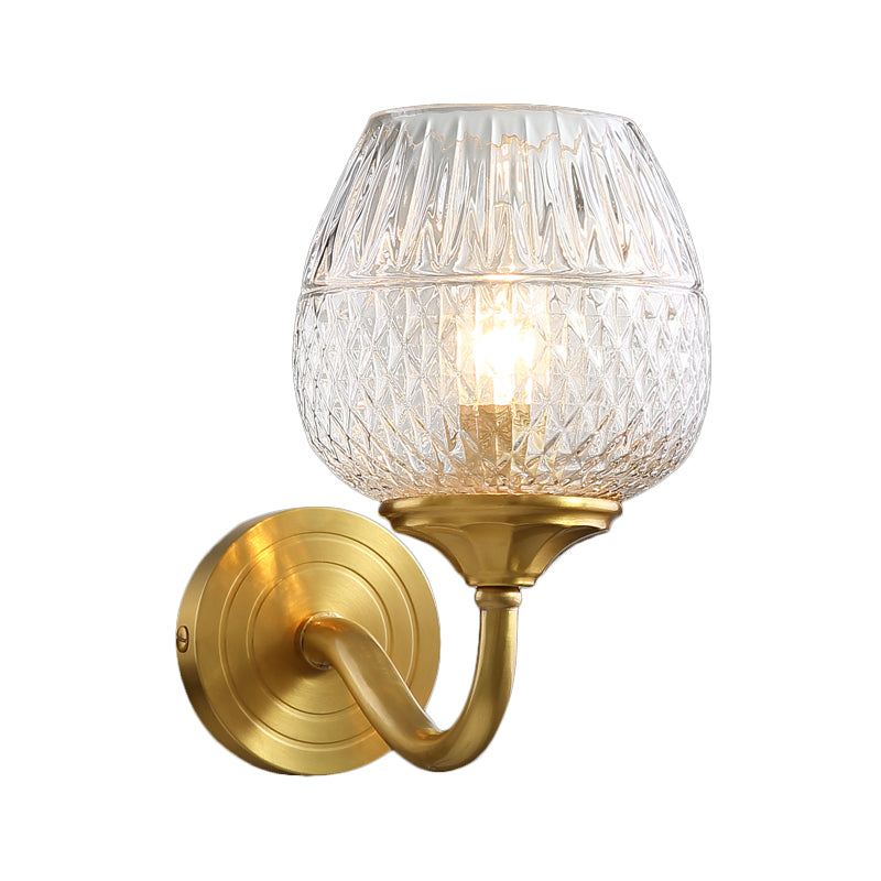 Sikunuo | Grid Brandy Glass Wall Lamp Contemporary Single Brass Wall Mounted Light with Curved Arm