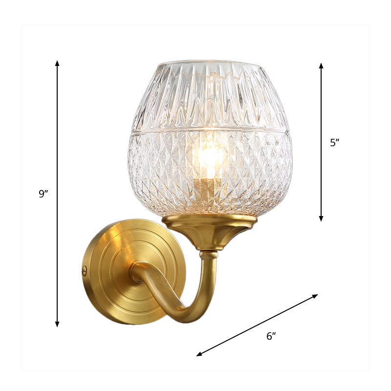 Sikunuo | Grid Brandy Glass Wall Lamp Contemporary Single Brass Wall Mounted Light with Curved Arm