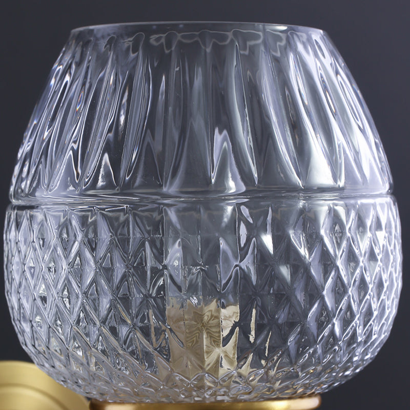 Sikunuo | Grid Brandy Glass Wall Lamp Contemporary Single Brass Wall Mounted Light with Curved Arm