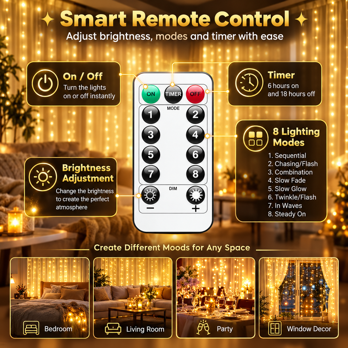 ✨ Remote-Control LED Curtain Lights – Magical Indoor & Holiday Decor
